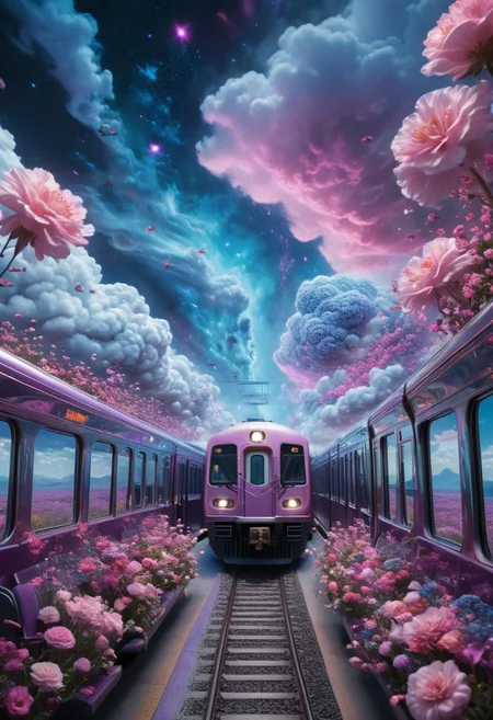 Hyperrealistic train detailed with blooming flowers, ethereal cloud animals with shimmering outlines, passengers gazing in awe, vast sky with swirling galaxies, cosmic colors (purples, blues, pinks), dramatic lighting, mystical atmosphere