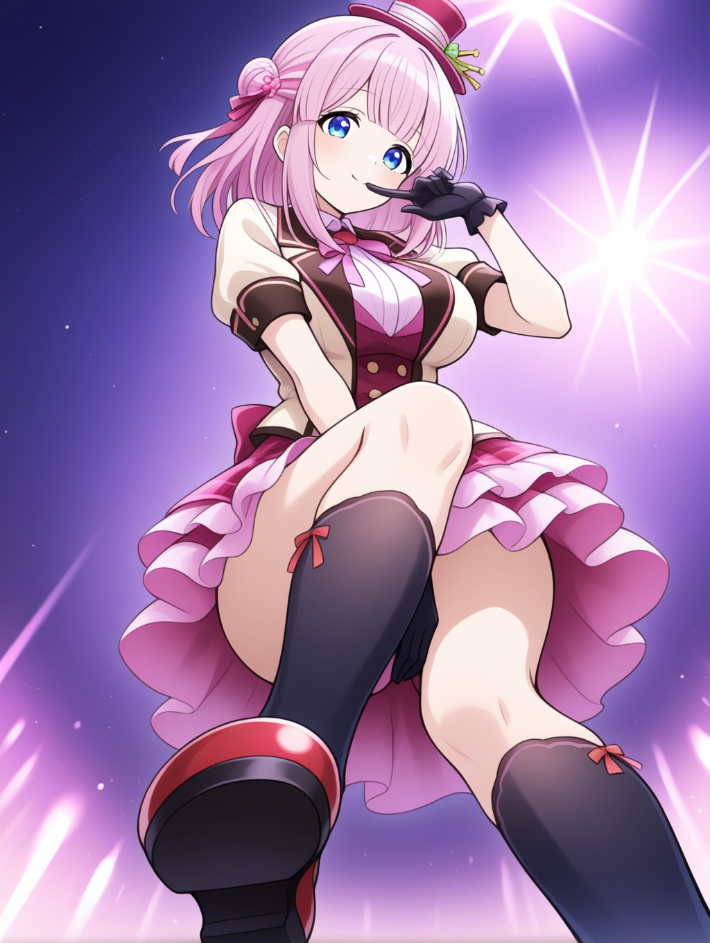 perfect quality,best quality,absolutely eye-catching,ambient occlusion,raytracing BREAK
1girl,<lora:miki utahosi IL v1.1:0.8>,utahosi,pink hair,medium hair,blue eyes,hat,hair ornament,idol,alternate costume,short sleeves,frilled skirt,kneehighs,mary janes,black gloves,solo,, from below,macro_shot,standing,finger_to_mouth,hands_on_hips,hand_between_legs,