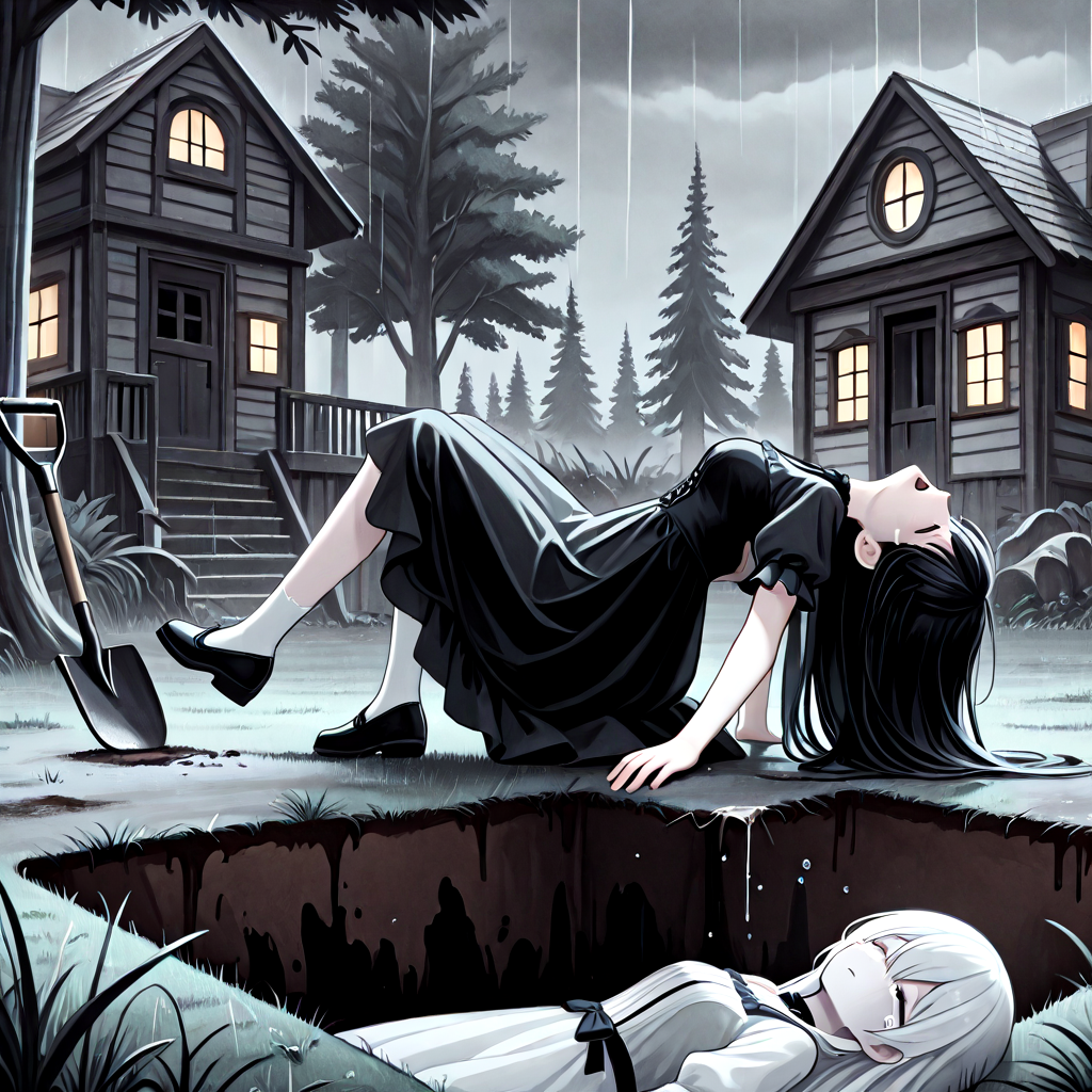 absurdres, explicit, grave digging, hand on ground, princess carry, 2girls, sleeping, carrying, crying, tears, sad, breasts, closed eyes, closed mouth, pale skin, long hair, black hair, white hair, gothic dress, bangs, tree, grass, death, corpse, victorian, house, building, oil lamp, lantern, shovel, fog, smog, grey sky, seiza, head tilt, rain, water drop, shouting, from below, (((leaning back))), <lora:girlhategravedigging_ilxl:0.8>