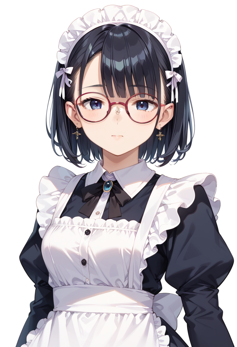 score_9, score_8_up, score_7_up, rating_safe, masterpiece, best quality, absurdres, unity 8k wallpaper, official art, official style, source_anime, uncensored, game cg, megami magazine,
1girl, solo, black hair, medium hair, upper body, covered eyes,maid, maid headdress, black dress, maid apron, face focus,
round_glasses22A, glasses, still life, white background, simple background, red-framed eyewear
 <lora:glasses_Round_PONY_V1:1>