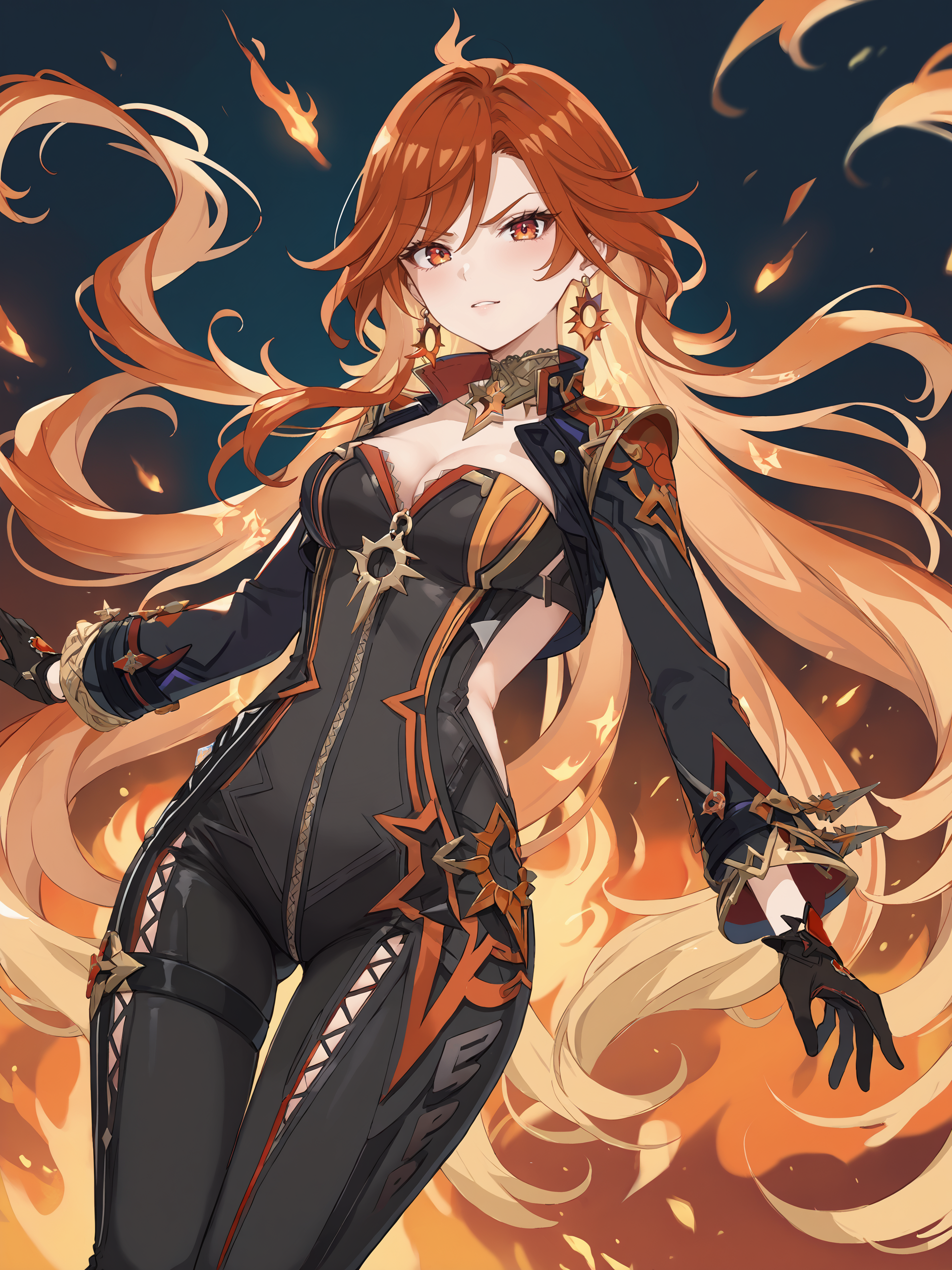 score_9, score_8_up, score_7_up, source_anime, 1girl, mavuika \(genshin impact\), earrings, black bikesuit, black gloves, shrug \(clothing\), metal collar, cowboy shot, fire, embers, looking at viewer, floating hair, glaring, midair, fighting stance  <lora:Char-Genshin-Mavuika-V1-Pony:1>