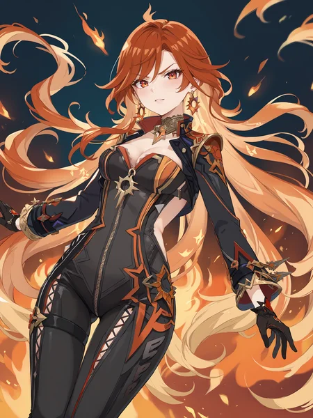 score_9, score_8_up, score_7_up, source_anime, 1girl, mavuika \(genshin impact\), earrings, black bikesuit, black gloves, shrug \(clothing\), metal collar, cowboy shot, fire, embers, looking at viewer, floating hair, glaring, midair, fighting stance <lora:Char-Genshin-Mavuika-V1-Pony:1>