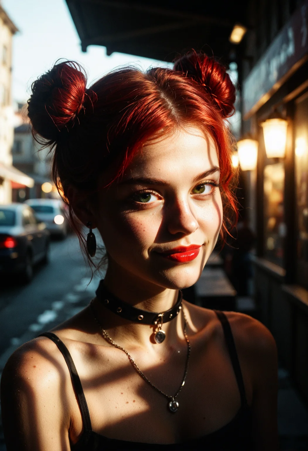 Instant photo featuring a young czech woman, in an outdoor scifi theme-cafe with holographic lighting highlighting her features at an angle from behind.
The closeup profile shot's focus is on the woman's face, giving only a glimpse of her bare shoulders and defined collarbones, accentuated by jewelry.
Her striking emerald green eyes are pronounced by intense eyeshadow complemented by dramatic false lashes characteristic for the goth style, completed by glossy red lipstick on her downturned lips.
She wears her red hair in exaggerated pigtail-buns style, with dark roots. Her expression appears intrigued and beckoning, her head slightly tilted down, gazing directly at the viewer, with an understated smirk adding to the seductive mood of the image.
She is wearing a leather choker necklace featuring a silver ring in the front together with stud earrings.
Set outside on the cobbled path of an empty village illuminated by hovering neon candles in a low-poly design.
<lora:p_Dramatic Lighting Slider.safetensors:2.1>
<lora:p_Amateur_RawCam_slider_250_v1.safetensors:2.5>
