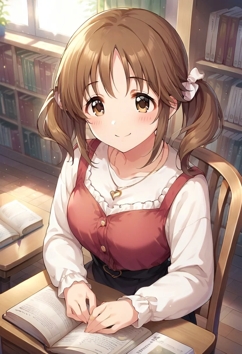 score_9, score_8_up, score_7_up, source_anime, totoki airi, brown hair, brown eyes, twintails, 1girl, jewelry, necklace, solo, smile, book, chair, blush, heart necklace, sitting, indoors, bow, long sleeves