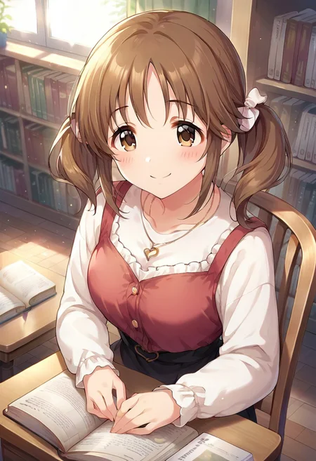 score_9, score_8_up, score_7_up, source_anime, totoki airi, brown hair, brown eyes, twintails, 1girl, jewelry, necklace, solo, smile, book, chair, blush, heart necklace, sitting, indoors, bow, long sleeves