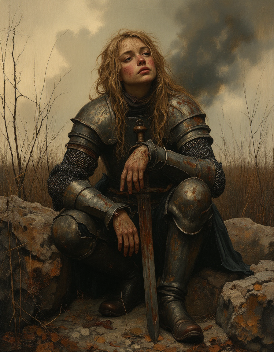 An oil painting portrait of a female Knight Templar wearing 1500s full plate armor, her armor battered and bloodstained, sits wearily on a large rock. Her face is dirty, streaked with sweat and grime, and her eyes reflect a deep sadness and exhaustion. She clutches her sword loosely in one hand, the other resting on her knee. The battlefield around her is littered with remnants of the fierce battle, with smoke rising in the distance. The setting sun casts a somber light, highlighting the weariness etched into her features
Painted by John Singer Sargent, Rembrandt lighting, brush stroke, Focus on the girl, shadow and light, Masterpiece, intricate lines, intriguing atmosphere, sharp magnificent details, delicate features, elaborate details, (2\3 rule composition:0.5), ultra detailed, romantic, Rembrandt lighting, brush stroke, lovely, novuschroma, in the style of Rembrandt. vantablack, OBxiaoxiang <lora:style_of_Rembrandt_FLUX_135:.8> <lora:- Flux1 - vanta_black_V2.0:.6> <lora:113_novuschromaFLX_1:.2> <lora:Midjourney_Whisper_Minimal:.3> <lora:neeeg_f1:-.5>  
 <lora:OBååå®èåç»V2.0:.6>
