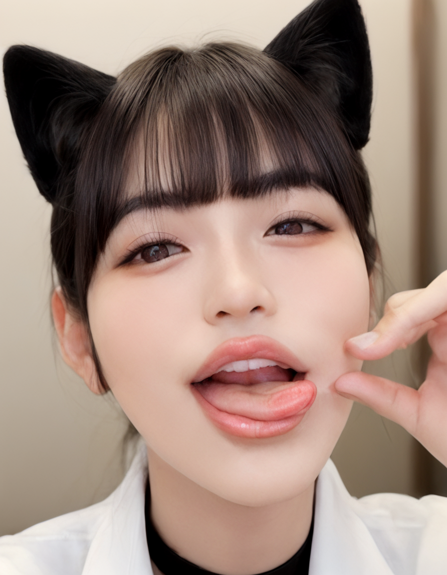score_9, score_8_up, score_7_up,
(Composition from the waist up:1.3),
Portrait of a girl in her Beautiful Japanese Girl, Bobcut with bangs, Puffy face,
Wink, close one eye, Looking At Viewer, Cat pose, cat ears,
(Her lips are slightly open and the tip of her tongue is visible at the side of her mouth:2.0), It's a subtle and flirtatious expression,
White collared blouse, Belly button, Illuminated hotel room, 
sticking out side tongue,
 peromilk, <lora:peromilk:1>