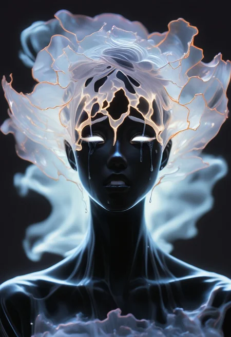 score_9, score_8_up, score_7_up, BREAK, The image is a high-resolution photograph of a face, taken in a surreal style. body is covered with a black translucent fabric that drapes over her shoulders, ghostly, ethereal effect, contrasts sharply with the black skin and the black film, white tears, crying, black background