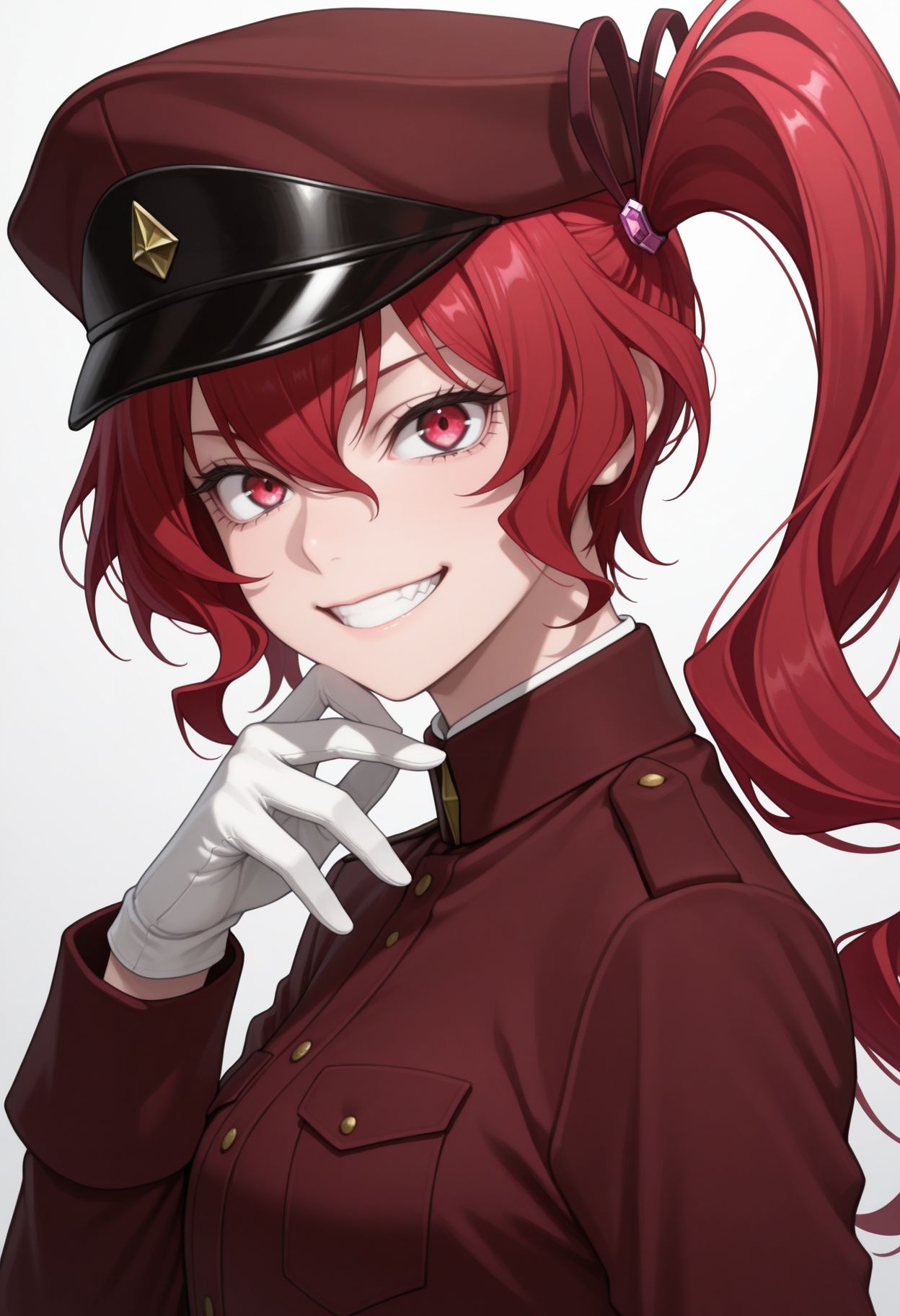 masterpiece,best quality,absurdres,highres,very aesthetic,high quality,detailed,insanely detailed,beautiful, upper body,  grin from side, 
<lora:Teruko Ôkura illu:1> 1girl, red hair, side ponytail, red eyes, long hair, military uniform, hat, white gloves