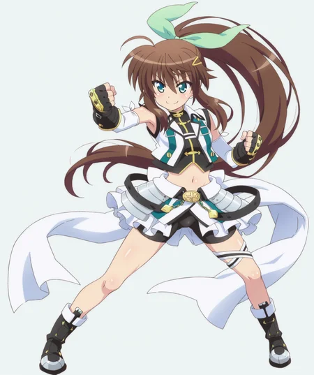 masterpiece, best quality, amazing quality, very aesthetic, ultra detail, clear line, anime, solo, <lora:fuka_v02:0.8>, fuka, green eyes, brown hair, ponytail, green hair bow, hair clip, magical girl, black inner, white sleeveless jacket, black fingerless gloves, white elbow gloves, navel, midriff, black bike shorts, white overskirt, thigh strap, boots, smile, full body, simple background, <lora:LECO_BadHands:1>, <lora:LECO_GoodHands:-1>, <lora:cfg_scale_boost:0.7>