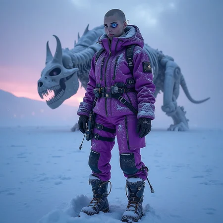 Frostpunk style, frostpunk style determined female (covered in snow, frost, and/or icicles), bald, mechanical_eyes, wearing a cryo purple survivalist outfit, futuristic snow boots, bionic eye, set in a frozen tundra where the skeletal remains of some colossal beast lie half-buried in the ice, a reminder of a lost world. , at dawn,, <lora:flux_trainer/frostPunk_v1.1.safetensors:1.0>, <lora:scifi/moxiePunk_v3D.safetensors:1.0>, . Icy, futuristic aesthetic incorporating frozen elements, augmented mechanical technology, neon-lit snow-covered cityscapes.