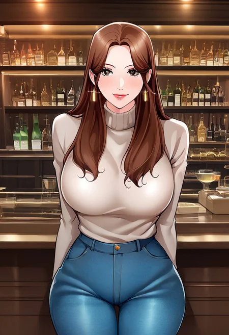 score_9, score_8_up, score_7_up, ASCII masterpiece, source_anime, BREAK, 1girl, solo, (( <lora:chae_jung-yoon:1> , chae_jung-yoon, normal waist, wide hips, beautiful skin, beautiful brown eyes, clear eyes, bright pupils, beautiful eyes, beautiful brown hair, beautiful long hair, huge and shaggy breasts, natural beauty, extraordinary beautiful woman, attractive woman, super sexy woman, lustful body, sexy woman with seductive obscene body, sensual body, voluptuous body, sexy beauty, no piercings, no piercing, )) , makeup, gold earrings, ((long sleeves light grey sweater, gold earrings, denim pants,)) , indoors, shiny clothes, shiny skin, bar, nightclub, classy decorations, cowboy shot, from above, looking at viewer, hands behind back, (detailed face, detailed eyes), delicate features, soft lighting, seducative smile, cute and sexy, very detailed, high detailed texture, uncensored, rare view,