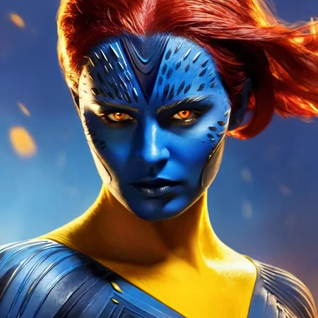 concept art of <lora:Mystique X-Men:1>
Mystique X-Men a closeup of a woman with red hair and yelloweyes and blue body, digital artwork, illustrative, painterly, matte painting, highly detailed