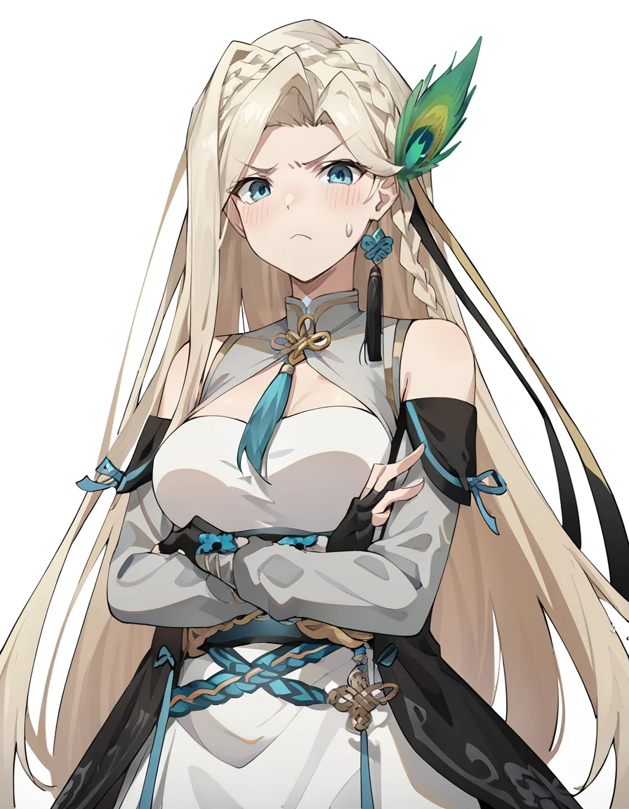 score_9,score_8_up,score_7_up,<lora:heerwei_pony:0.8>,anotherstyle2,heerwei,1girl,solo,long hair,blonde hair,blue eyes,jewelry,earrings,crossed arms,blush,dress,braid,breasts,white background,hair ornament,frown,simple background,sweatdrop,gloves,bare shoulders,looking at viewer,fingerless gloves,white dress,closed mouth,bangs,<lora:Anime_Screencap:1>,
