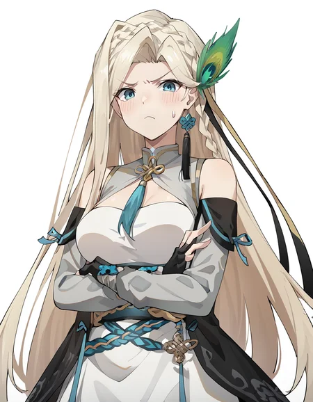 score_9,score_8_up,score_7_up,<lora:heerwei_pony:0.8>,anotherstyle2,heerwei,1girl,solo,long hair,blonde hair,blue eyes,jewelry,earrings,crossed arms,blush,dress,braid,breasts,white background,hair ornament,frown,simple background,sweatdrop,gloves,bare shoulders,looking at viewer,fingerless gloves,white dress,closed mouth,bangs,<lora:Anime_Screencap:1>,