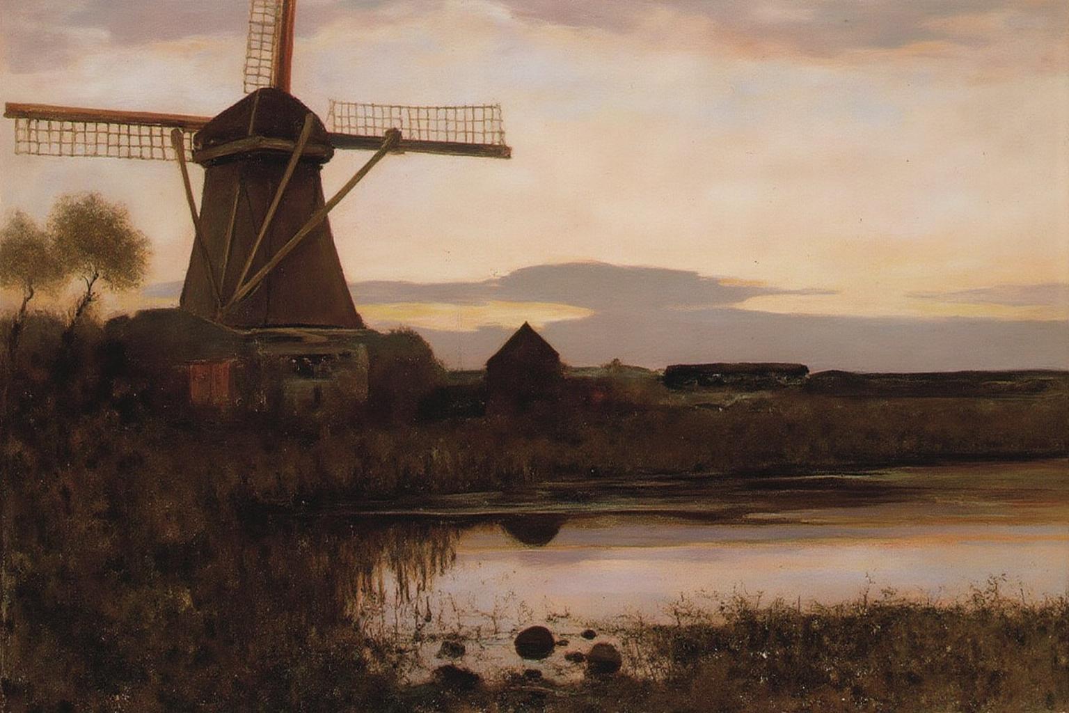 pietmondrian1 painting.
On the left is a windmill at dusk, with a tall, conical roof, surrounded by trees and shrubs. In the background is a wide expanse of land, and a small structure is to the right of the windmill. In the foreground, a body of water reflects the landscape with a few rocks near the shore. <lora:pietmondrian1_cap_d8a4e11:1.0><lora:860660982668614149:0>