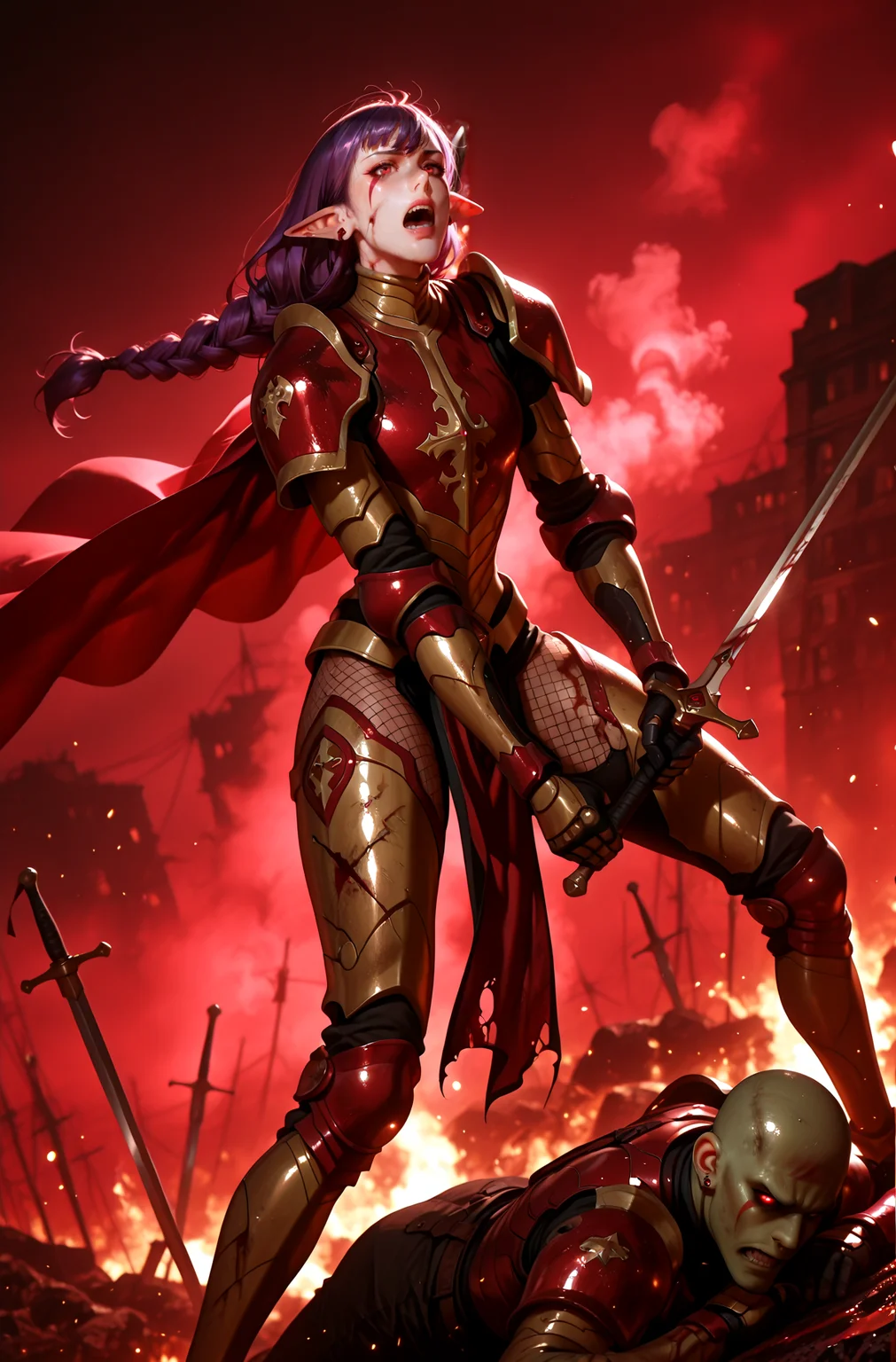 hyperrealistic art analog film photo cinematic photo Volumetric Lighting, Vibrant Rim Light, masterpiece, best quality, amazing quality, 1girl, Esil Radiru, dutch angle, holding sword, (standing),wearing gold and red armor, red cape, pauldrons, breastplate, gauntlets, torn fishnet stockings, pelvic curtain, greaves, single braid, long hair, purple hair, red eyes, facial mark, pointy ears, earrings, screaming, rage,
BREAK detailed background,battlefield, fog, smoke, red light, fire, fierce battle, dynamic pose, action pose, standing on pile of corpses, killinga goblin with her sword, raytracing,
BREAK, primitive goblins wearings rags and leather,ugly goblins, (green skin), dead goblins on the ground, dirty, gore, scratches, bald goblin, scratches, bloody daggers, blood splatters,
BREAK <lora:SoloLeveling_EsilRadiru_IlluXL:0.8> <lora:MoriiMee_Gothic_Niji_Style_Illustrious_r1:0.75> artist:moriimee <lora:Sinfully_Stylish_1.0_Pony:0.8> sinfully stylish, dramatic lighting, soft light, long shadows, bright rim light, high contrast, bold edge light, light depth, dramatic atmospheric lighting, Volumetric Lighting . 35mm photograph, film, bokeh, professional, 4k, highly detailed . faded film, desaturated, 35mm photo, grainy, vignette, vintage, Kodachrome, Lomography, stained, highly detailed, found footage . extremely high-resolution details, photographic, realism pushed to extreme, fine texture, incredibly lifelike