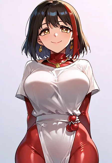 score_9, score_8_up, score_7_up, ASCII masterpiece, source_anime, BREAK, 1girl, solo,  (( <lora:sakura_tsumiki:1> , sakura_tsumiki, thin waist, wide hips, beautiful skin, beautiful black hair with 1 red hair lock, medium bob haircut, bangs, clear eyes, piercing yellow eyes, bright pupils, beautiful eyes, huge and shaggy breast, beauty, extraordinary beautiful woman , attractive woman , super sexy woman , lustful body, sexy woman with seductive obscene body, sensual body, voluptuous body, )) , ((sexy erotic footless handless full red latex bodysuit, long gold earring, gold necklace with gold cherry-shape pendant, )) , closed mouth, sexy pose, seducative smile, indoor, night club, looking at viewer, horny, seductive, hands behind back, standing, from below, cowboy shot, front view, closing up, leans forward, huge cleavage,