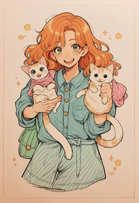 score_9, score_8_up,score_7_up, source_ anime, 1girl, simple background,
<lora:traditional_slider_v1_NEGWEIGHT:-0.75>, upped body, looking at viewer, smiling, standing, <lora:NSGingerPortia:0.8> NSGingerPortia, NSGingerPortia, freckles, ginger hair, happy, holding cat,