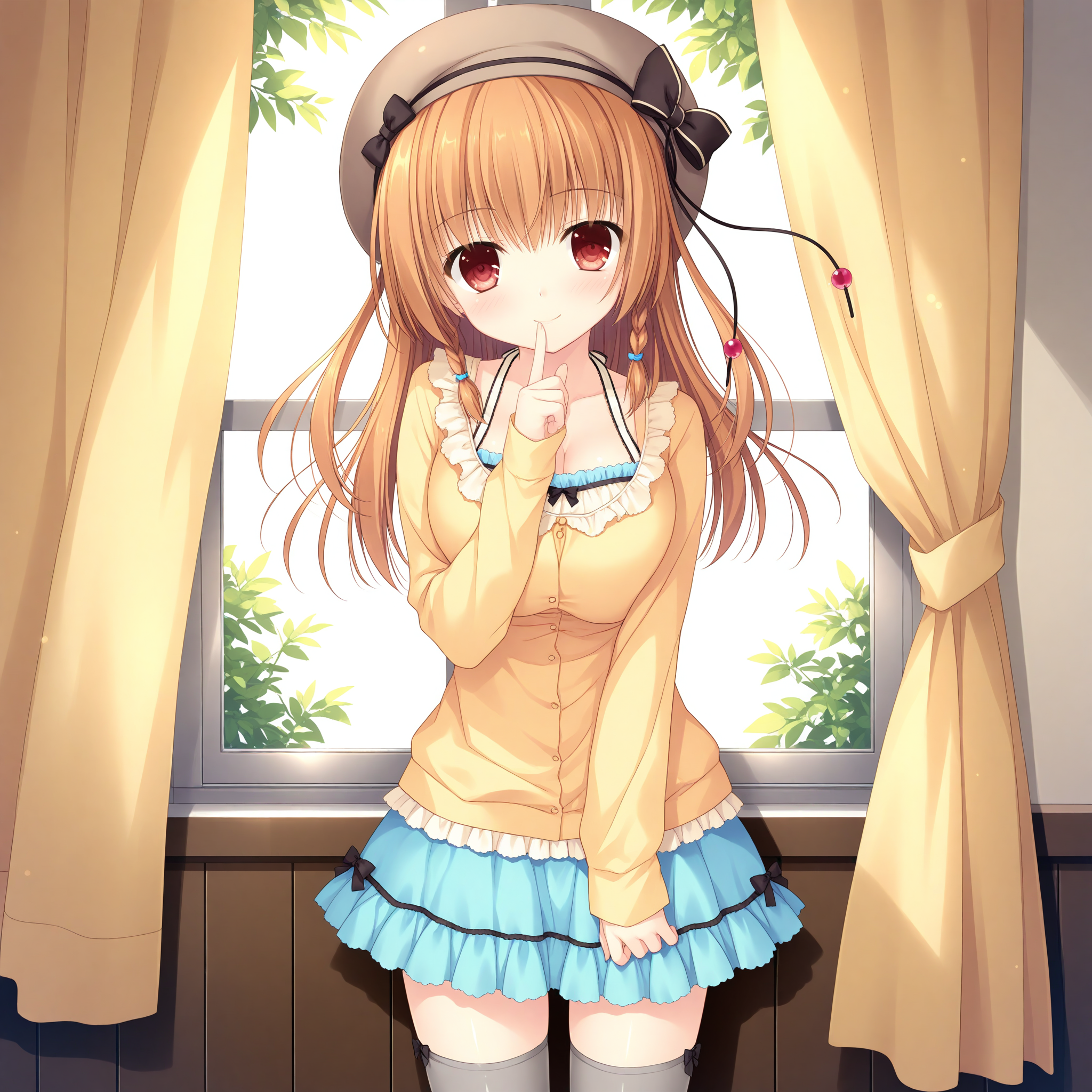 <lora:Asamiya_Shiina_1_nai-000027:1>,Asamiya Shiina,
brown beret,hat ribbon,hat bow,twin braids,yellow shirt,long sleeves,blue skirt,grey thighhighs,center frills,blue frills,chest bow,black bow,minibow,frilled shirt,frilled skirt,bow skirt,
BREAK
1girl,solo,smile,window,standing,curtains,curtain grab,looking at viewer,front view,cowboy_shot,finger to mouth,holding curtains,