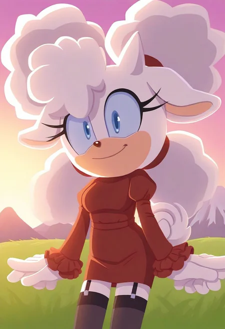 sonic (series), 1girl, happy, outdoors, grass, mountain, sunlight, <lora:bonsoirdude-sc25-il-9-20:1>, sonicchann3l, Leaning against an invisible bar, orange open sweater, furry sweater, frilled sleeves, red dress shirt, juliet sleeves, brown pencil skirt, black stockings, garter belt, black adidas, <lora:bonsoirdude-lannyv3-il-7-12:0.9>, lanolin the sheep, afro puffs, white skin, curled tail, teal sclera, medium breasts, pink nose