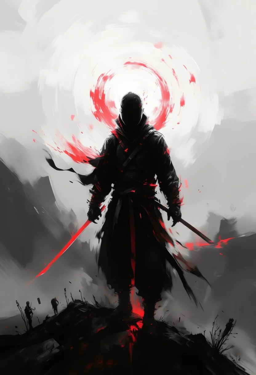 aidmaimageupgrader, samurai, hill, back view, katana, sword, shadow, silhouette, black and white, monochrome, red accents, dramatic lighting, atmospheric, foggy background, japanese culture, minimalist, moody, contrast, sunset glow, isolated figure, reflective pose,pscho_4rt
