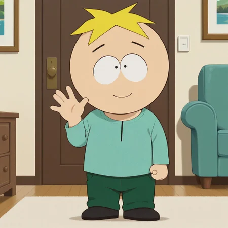 masterpiece, best quality, amazing quality, official style,  butt3rsst0tch, male, solo, human, young, blonde hair, short hair, black eyes, dot pupils, short, turquoise shirt, green pants, black shoes, standing, waving hi, smile, indoors, living room