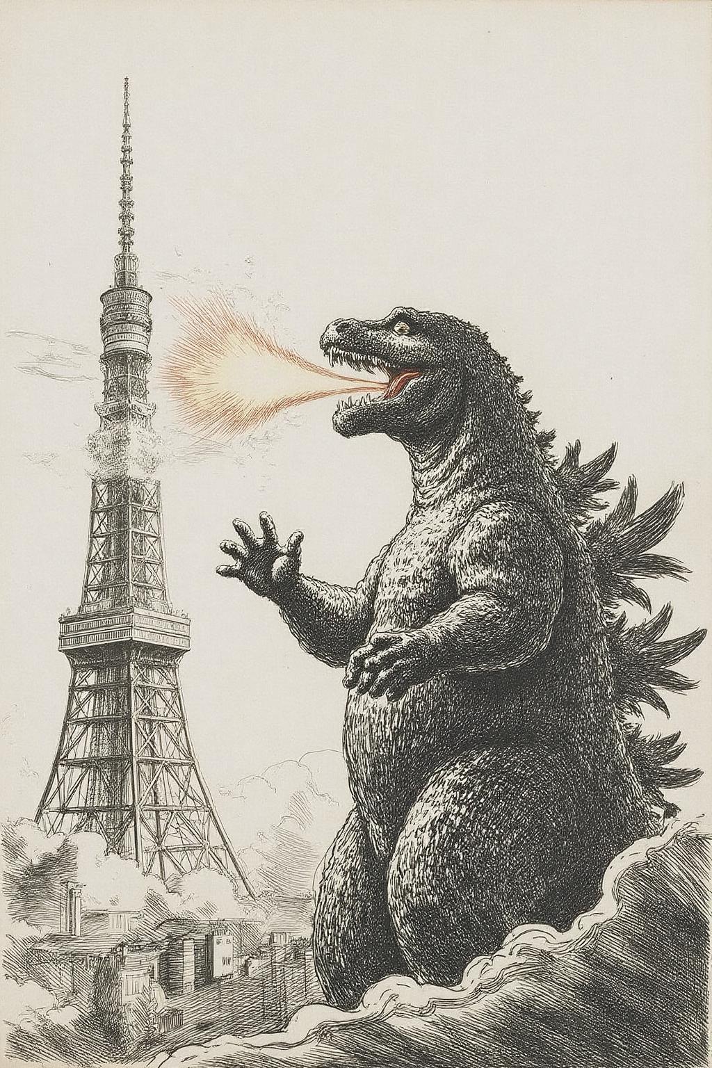 rember1 etching.  
Godzilla breathing fire on Tokyo Tower.  <lora:rembr_etch4_cap_d6a3e11:1.0><lora:810566088313172329:0>
