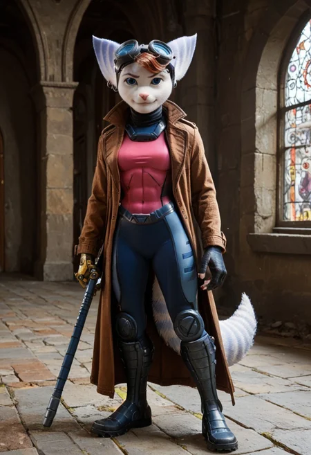 (solo:1.1), score_9, score_8_up, score_7_up, furry, source_furry, anthro,
Rivet, female, breasts, detailed fur, light blue fur, claws, muzzle, (tail:1.2), Right Arm prosthetic, glove, smirk, smirking,
(Dsk_Remy_Lebeau, (brown coat, open coat:1.2), pink bodysuit, auburn hair, goggles, (black headgear:1.2), metal boots, black neck brace, blue pants, knee armor, metal rod, metal staff,
inside, mansion,