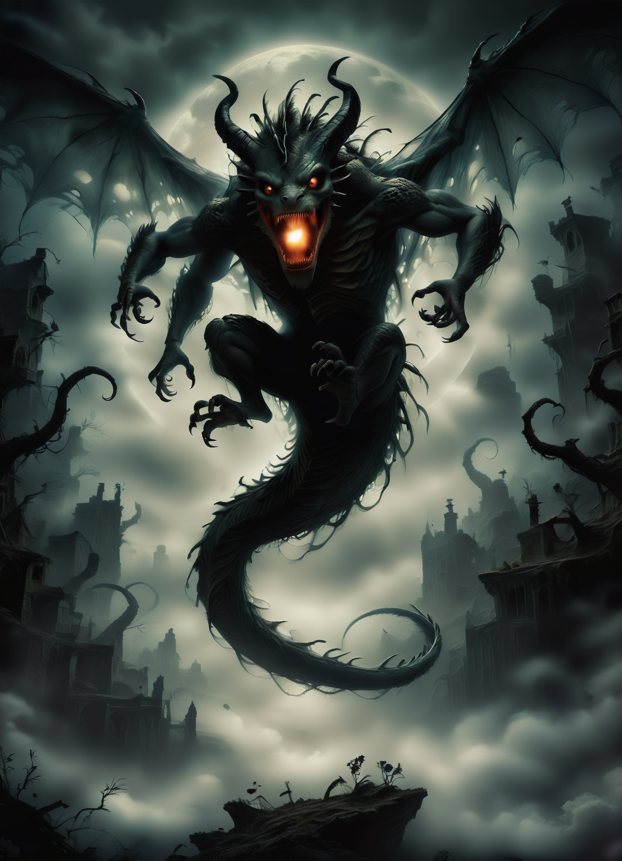 DonMGl00myN1gh7m4r3XL,score_9, score_8_up, score_7_up, score_6_up, dragon human form, Mythical half-human, humanoid half-goat creature,  associated with forests and nature, playful and mischievous,  seen as guardian of the natural world, loves music and dance, stratosphere,adventurous ,  creepy, gloomy, rating_safe <lora:DonMGl00myN1gh7m4r3XL:0.65>