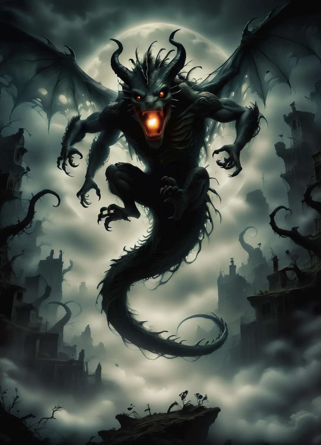 DonMGl00myN1gh7m4r3XL,score_9, score_8_up, score_7_up, score_6_up, dragon human form, Mythical half-human, humanoid half-goat creature, associated with forests and nature, playful and mischievous, seen as guardian of the natural world, loves music and dance, stratosphere,adventurous , creepy, gloomy, rating_safe <lora:DonMGl00myN1gh7m4r3XL:0.65>