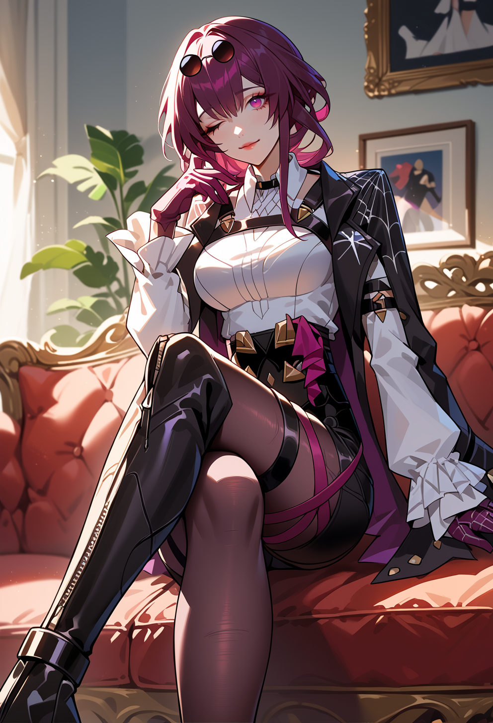 score_9, score_7_up, source_anime, BREAK solo, sitting, crossed legs, hand up, one eye closed, couch, indoors,  <lora:AEKafka:0.9>  aekafka, arm belt, asymmetrical footwear, black footwear, black shorts, high-waist shorts, chest harness, collared shirt, high heel boots, jacket on shoulders, pantyhose under shorts, purple pantyhose, purple gloves, single thigh boot, sunglasses, thigh strap,