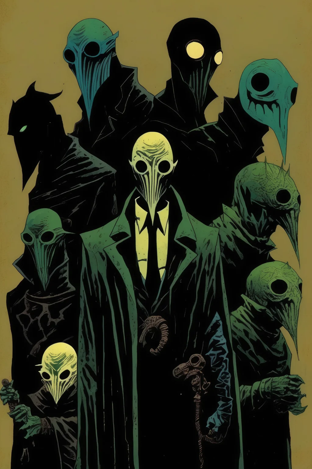 <lora:Mike Mignola Style:1>Mike Mignola Style - The eldritch lords of masks, in the style of francesco francavilla and frank miller and Mike Mignola