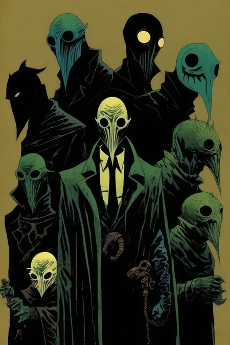 <lora:Mike Mignola Style:1>Mike Mignola Style - The eldritch lords of masks, in the style of francesco francavilla and frank miller and Mike Mignola