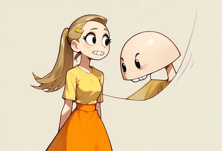 score_9, score_8_up, score_7_up BREAK pegTO, 1girl, bald head, black eyes, yellow hairclip, light brown ponytail, ponytail, buckteeth, bucktooth, no jaw, no lower jaw, half head, jawless, yellow longsleeved shirt, orange skirt, yellow socks, white black shoes,