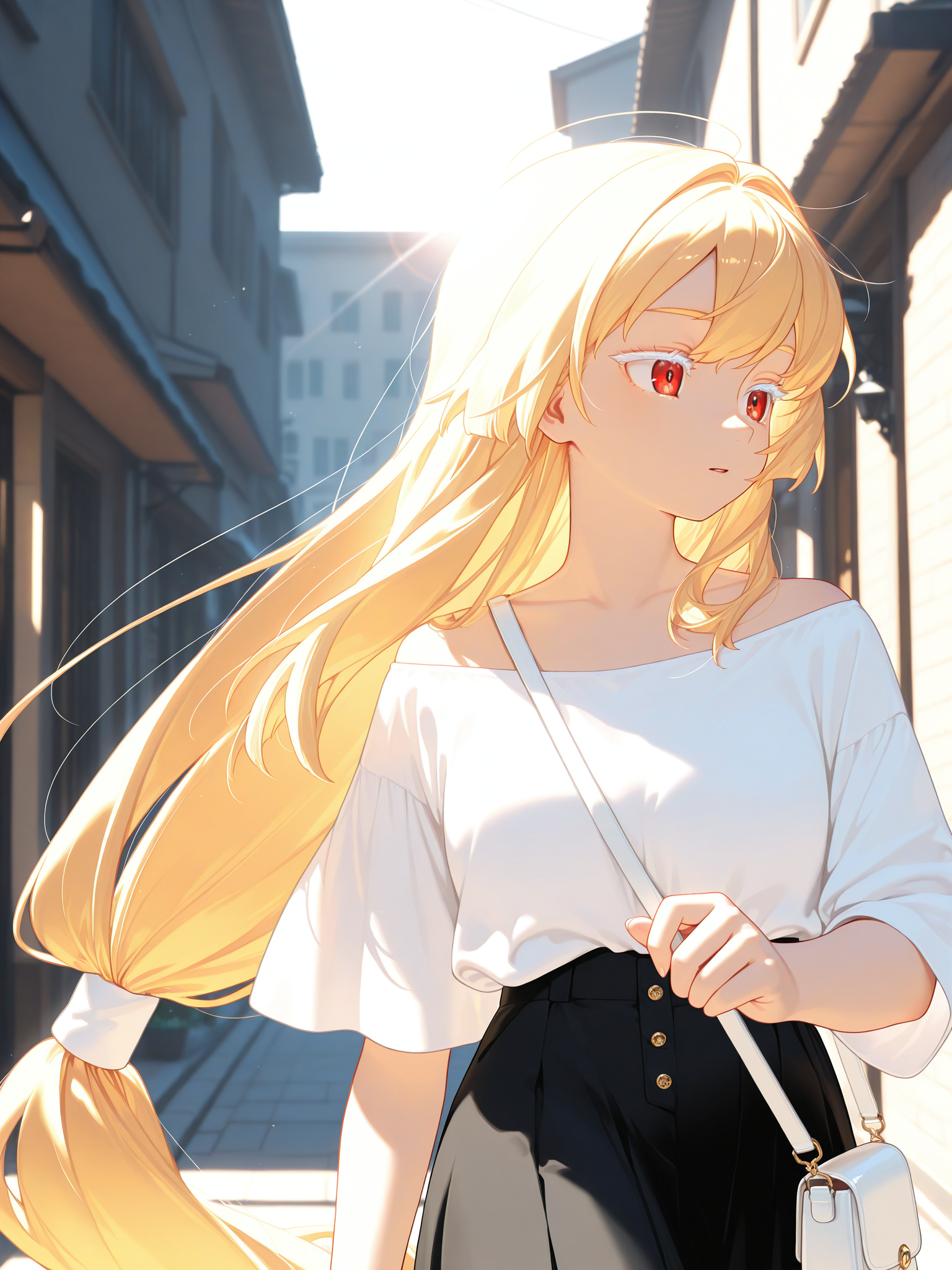 <lora:CR_BPC:1> CR_BPC, 1girl, very long hair, <lora:cfg_scale_boost:0.5> <lora:spo_sdxl_10ep_4k-data_lora_webui:0.4> white eyelashes, [[lazypos]] <lora:omoyunakyu715-_style_Illustrious:0.3> omoyu_nakyu715 <lora:retrocute:0.3>, sunlight, alternate hairstyle, low-tied long hair, upper body, blonde hair, white shirt, off shoulder, black skirt, outdoors, walking, handbag, shopping