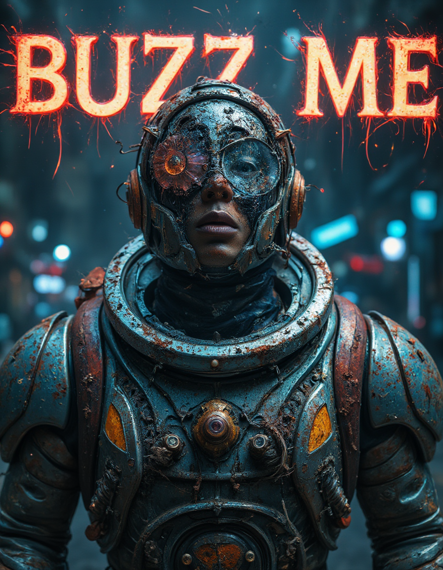 A striking magazine cover titled "BUZZ ME" featuring a futuristic, battle-worn Buzz Lightyear from *Toy Story*, his iconic spacesuit now tattered and worn. His once pristine armor is ripped, showing patches of rust and battle scars, with torn fabric and exposed circuitry beneath. His helmet is cracked, and the usually vibrant colors are faded, reflecting a dystopian world. In the background, a neon-lit cyberpunk city skyline looms, contrasting the faded hero against the glowing, chaotic future. The text "BUZZ ME" is boldly displayed in neon lights above, with a grunge, graffiti-style font. Shot with a **Hasselblad X1D II 50C**, 45mm f/3.5 lens, the magazine cover focuses on capturing the weathered textures of Buzzâs suit, with a sharp contrast between the retro sci-fi character and the futuristic, gritty backdrop.