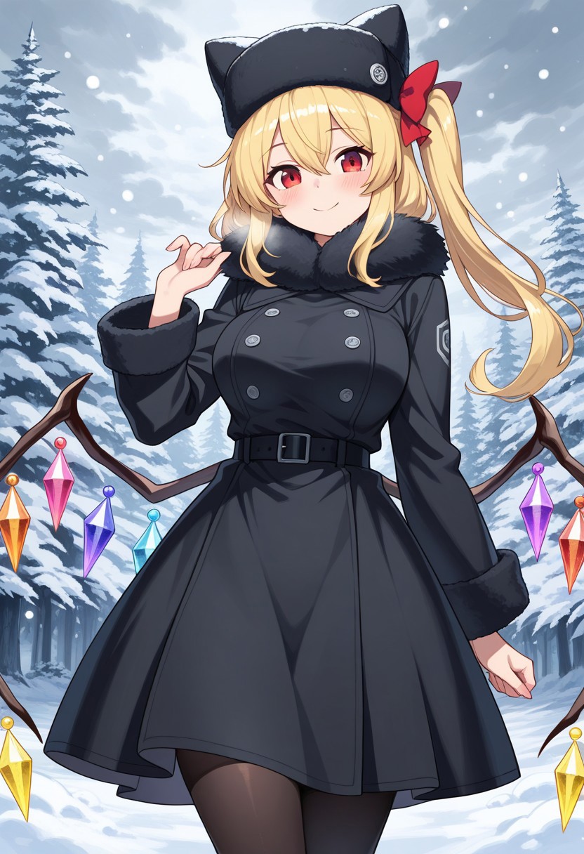 masterpiece, best quality, superior quality, amazing quality, maximum quality, ultra-detailed, detailed face, detailed hands, highly detailed eyes, alone, 1girl, solo, highest resolution, high res, absurd res, 4K, 8K, extremely detailed, intricate, exquisite detail, beautiful eyes, exquisite eyes, beautiful, soft colors, dynamic pose,
flandre scarlet, blonde hair, red eyes, hair between eyes, wings, crystal, crystal wings, (mid size breasts:1.25), (long hair:1.2), side ponytail, hair bow, red bow, big thighs, black stockings, smile, blush, looking at viewer, 
animal hat, belt, black belt, black coat, black dress, black headwear, buttons, coat, dress, fur-trimmed coat, fur collar, fur hat, fur trim, hat, long sleeves, ushanka, 
outdoors, pine trees, pine forest, snow, snow on trees, snowing, clouds, cloudy, grey clouds, no sun, 
lazypos