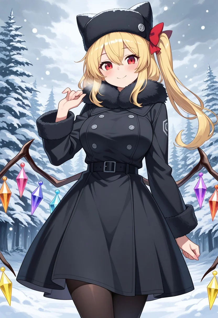 masterpiece, best quality, superior quality, amazing quality, maximum quality, ultra-detailed, detailed face, detailed hands, highly detailed eyes, alone, 1girl, solo, highest resolution, high res, absurd res, 4K, 8K, extremely detailed, intricate, exquisite detail, beautiful eyes, exquisite eyes, beautiful, soft colors, dynamic pose,
flandre scarlet, blonde hair, red eyes, hair between eyes, wings, crystal, crystal wings, (mid size breasts:1.25), (long hair:1.2), side ponytail, hair bow, red bow, big thighs, black stockings, smile, blush, looking at viewer,
animal hat, belt, black belt, black coat, black dress, black headwear, buttons, coat, dress, fur-trimmed coat, fur collar, fur hat, fur trim, hat, long sleeves, ushanka,
outdoors, pine trees, pine forest, snow, snow on trees, snowing, clouds, cloudy, grey clouds, no sun,
lazypos