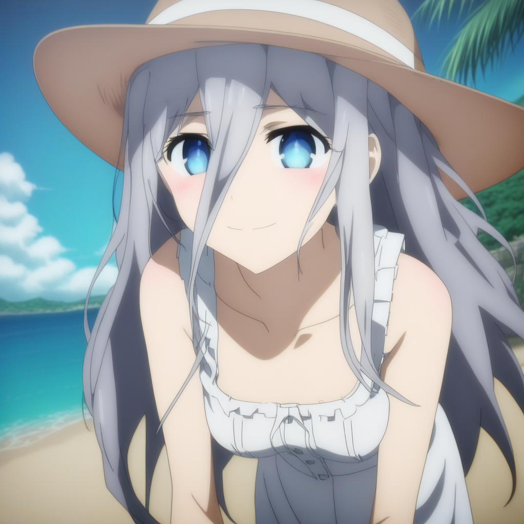 score_9, score_8_up, score_7_up, source_anime, reinamurasame, reina murasame, long hair, blue eyes, grey hair, hair between eyes, hat, dress, bare shoulders, collarbone, sleeveless, white dress, sleeveless dress, sun hat, sundress, outdoors, beach, bent over, smile, looking at viewer, solo, cowboy shot, dutch angle,