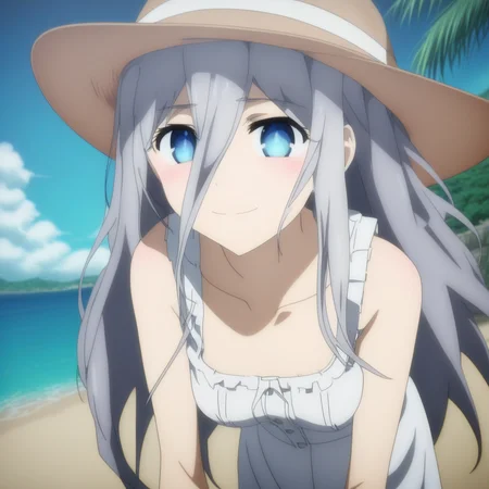 score_9, score_8_up, score_7_up, source_anime, reinamurasame, reina murasame, long hair, blue eyes, grey hair, hair between eyes, hat, dress, bare shoulders, collarbone, sleeveless, white dress, sleeveless dress, sun hat, sundress, outdoors, beach, bent over, smile, looking at viewer, solo, cowboy shot, dutch angle,