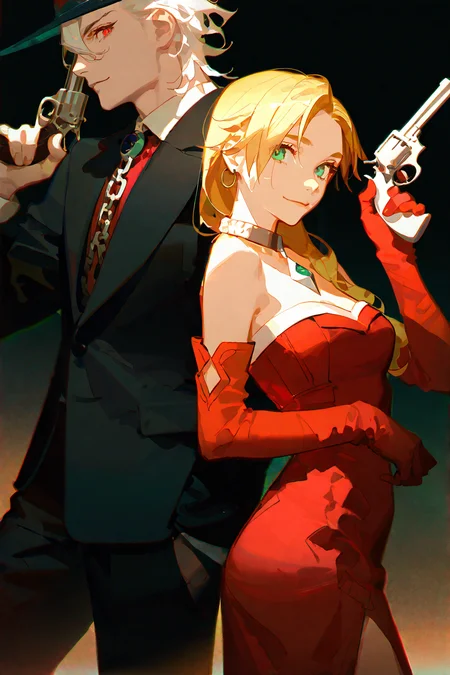 masterpiece, best quality, good quality, very aesthetic, absurdres, newest,ask \(askzy\),
2 men,1 boy, 1 girl,Calamity Jane\(fate grand order\),Edmond Dantès\(fate grand order\),smile,closed mouth, looking at viewer,holding gun,revolver gun,
eyes detail,green eyes,red sweater dress, standing,ring,necklace,elbow gloves,gloves,bracelet, chain necklace,
red eyes,white hair,black suit,suit pants,hat,
simple background,Cinematic Lighting,cowboy shot,
<lora:96YOTTEA-WAI:0.4> <lora:ponyv4_noob1_2_adamW:0.6> <lora:illustrious_noobai_epsilon_pred_1_masterpieces_v1:0.6> <lora:HandFixer_pdxl_Incrs_v1:1> <lora:DetailedEyes_V3:1>