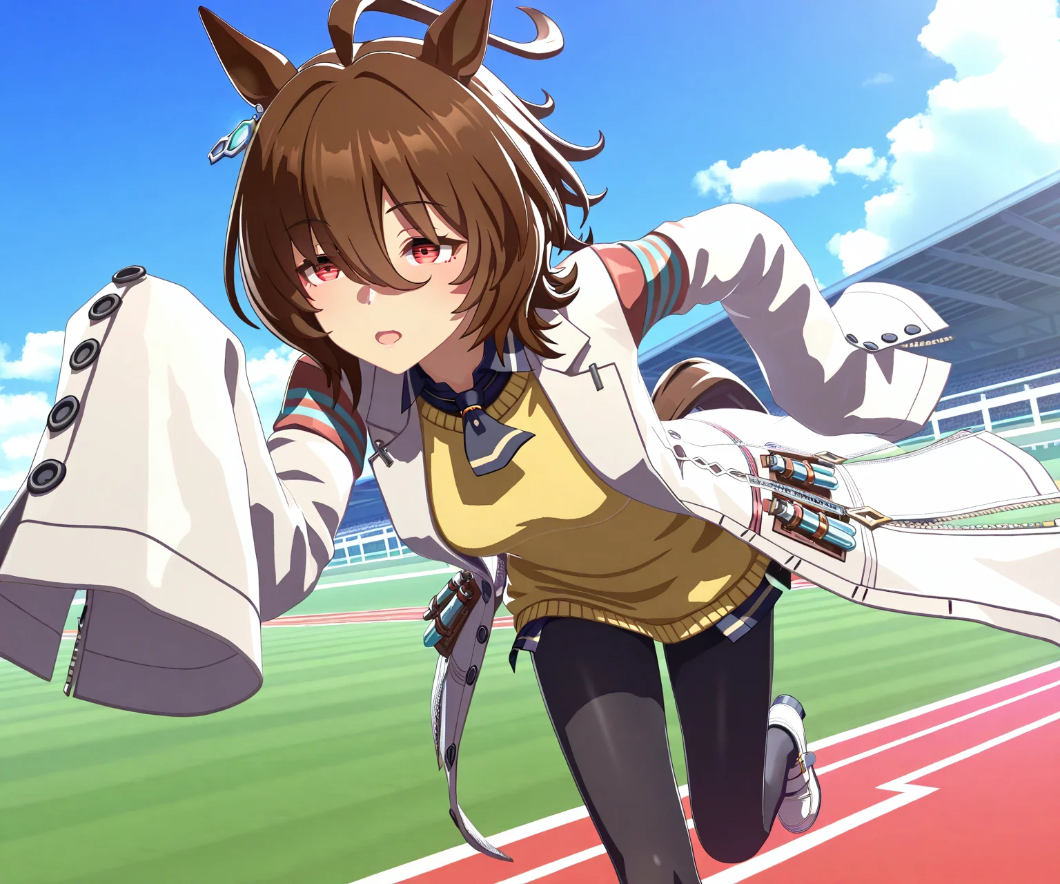 masterpiece, best quality, amazing quality, , 1girl, solo, umamusume, racetrack, running, <lora:Agnes Tachyon in game style 3D ILL-v2.1:1> ummsmingame, 3d, agnes tachyon \(umamusume\), sleeves past fingers