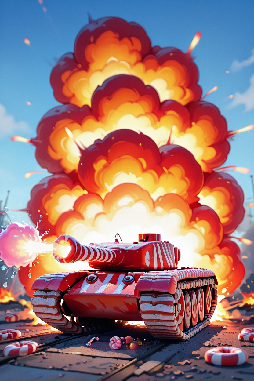 masterpiece, best quality,   CandyCaneMorph,   tank, fire, explosion, gum drops flying through the air,    ,<lora:CandyCaneMorphIXL_v1:1.0>,