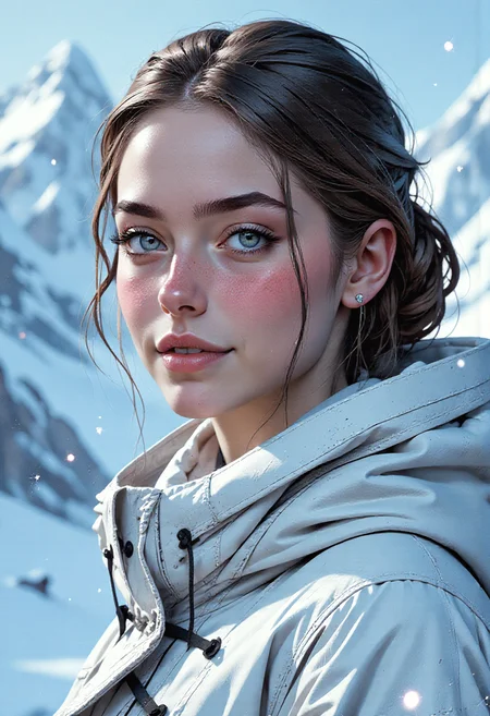 minimalistic portrait of a young Scandinavian woman white glacial blue smoked eye shadow, abstract white biomorphic pattern, winter landscape with glacial flowers, large snowflakes falling from the sky, vivid color, soft contrast, misty aether houte - couture rococo glacial clothing, atmospheric rim lighting, an intricate, elegant, highly detailed digital painting, (style of simon stalenhag, wayne barlowe, igor kieryluk. Lacombe, Patrice Murciano Frostpunk) perfection style, <lora:flux/flux_realism_lora>, <lora:flux/Herbst_Photo_35mm v2>, herbstphoto, <lora:flux/FluxMythP0rtr4itStyle>, mythp0rt,