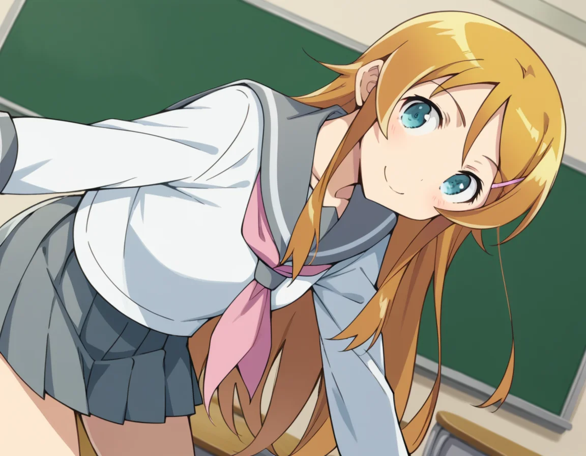 score_9, score_8_up, score_7_up, source_anime,
kirinokousaka, <lora:kirino-kousaka-s2-ponyxl-lora-nochekaiser:1>,
kirino kousaka, long hair, blue eyes, hair ornament, hairclip, orange hair, aqua eyes,
skirt, school uniform, serafuku, shirt, white shirt, grey sailor collar, grey skirt, pleated skirt, neckerchief, pink neckerchief,
indoors, classroom, smile, bent over,
looking at viewer, cowboy shot, solo, dutch angle,