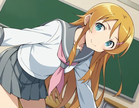 score_9, score_8_up, score_7_up, source_anime,
kirinokousaka, <lora:kirino-kousaka-s2-ponyxl-lora-nochekaiser:1>,
kirino kousaka, long hair, blue eyes, hair ornament, hairclip, orange hair, aqua eyes,
skirt, school uniform, serafuku, shirt, white shirt, grey sailor collar, grey skirt, pleated skirt, neckerchief, pink neckerchief,
indoors, classroom, smile, bent over,
looking at viewer, cowboy shot, solo, dutch angle,