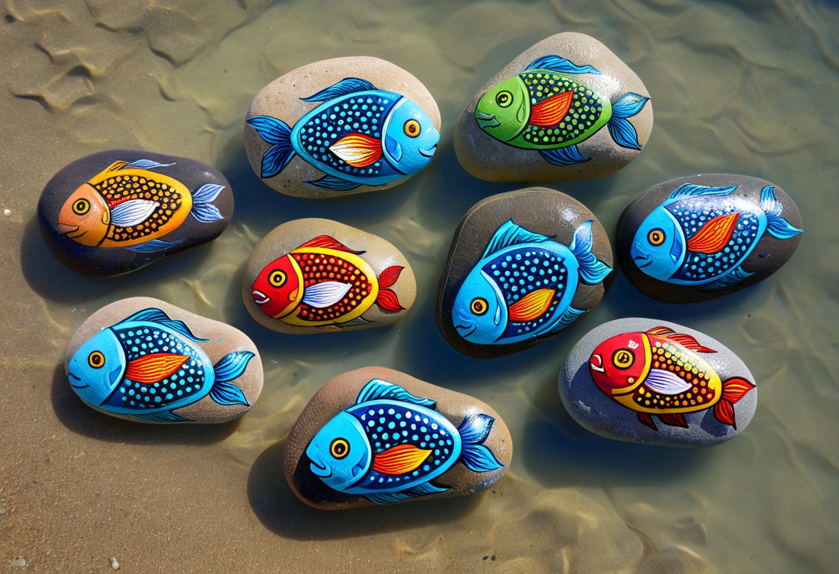 Happy stones. several painted pebbles, painted to resemble a fish. The stones are lying in shallow water
