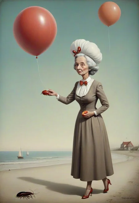surreal (((( old lady))))) beach promenade lobster bowler-hat apple balloon