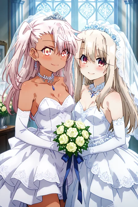 masterpiece, best quality, medium breasts, (curvy), ,,, 2girls, chloe von einzbern, yellow eyes, pink hair, long hair, one side up, dark skin, illyasviel von einzbern, red eyes, white hair, long hair, red eyes,,, bride, wedding dress, bridal veil, strapless dress, elbow gloves, holding bouquet, smile, looking at viewer,<lora:PrismaIllyaIXL_v2:1.0>,